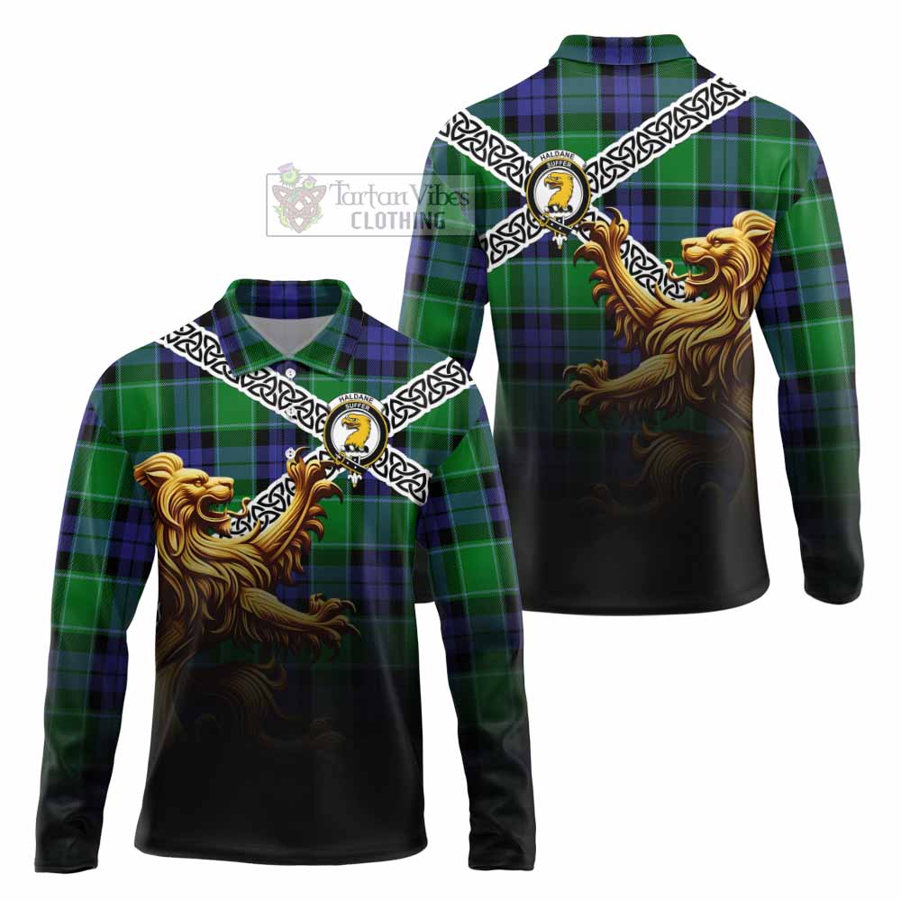 Haldane Crest Tartan Long Sleeve Polo Shirt with Golden Lion Emblem Celtic Style - Tartan Vibes Clothing