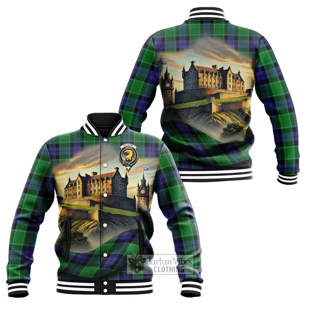 Haldane Tartan Family Crest Baseball Jacket with Scottish Ancient Castle Style - Tartan Vibes Clothing