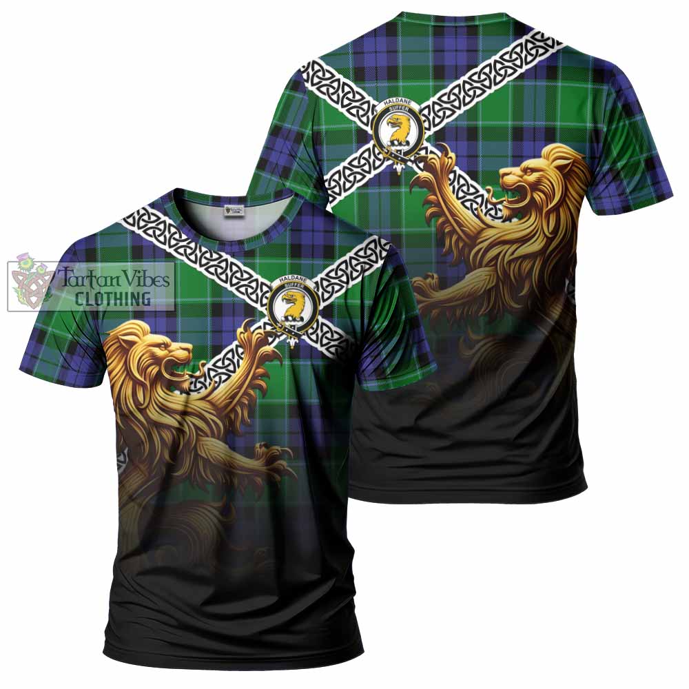 Haldane Crest Tartan T-Shirt with Golden Lion Emblem Celtic Style - Tartan Vibes Clothing