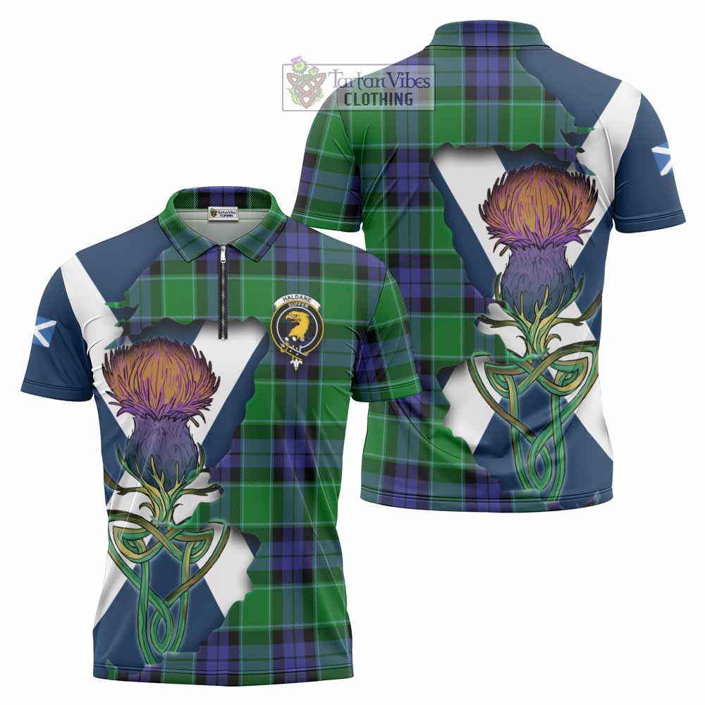 Haldane Tartan Family Crest Zipper Polo Shirt Scottish Thistle Celtic Inspired - Tartan Vibes Clothing