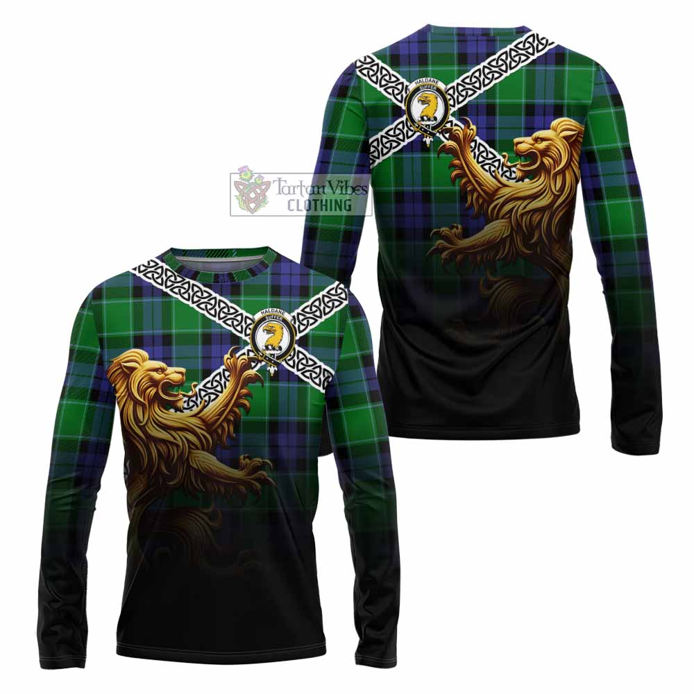 Haldane Crest Tartan Long Sleeve T-Shirt with Golden Lion Emblem Celtic Style - Tartan Vibes Clothing