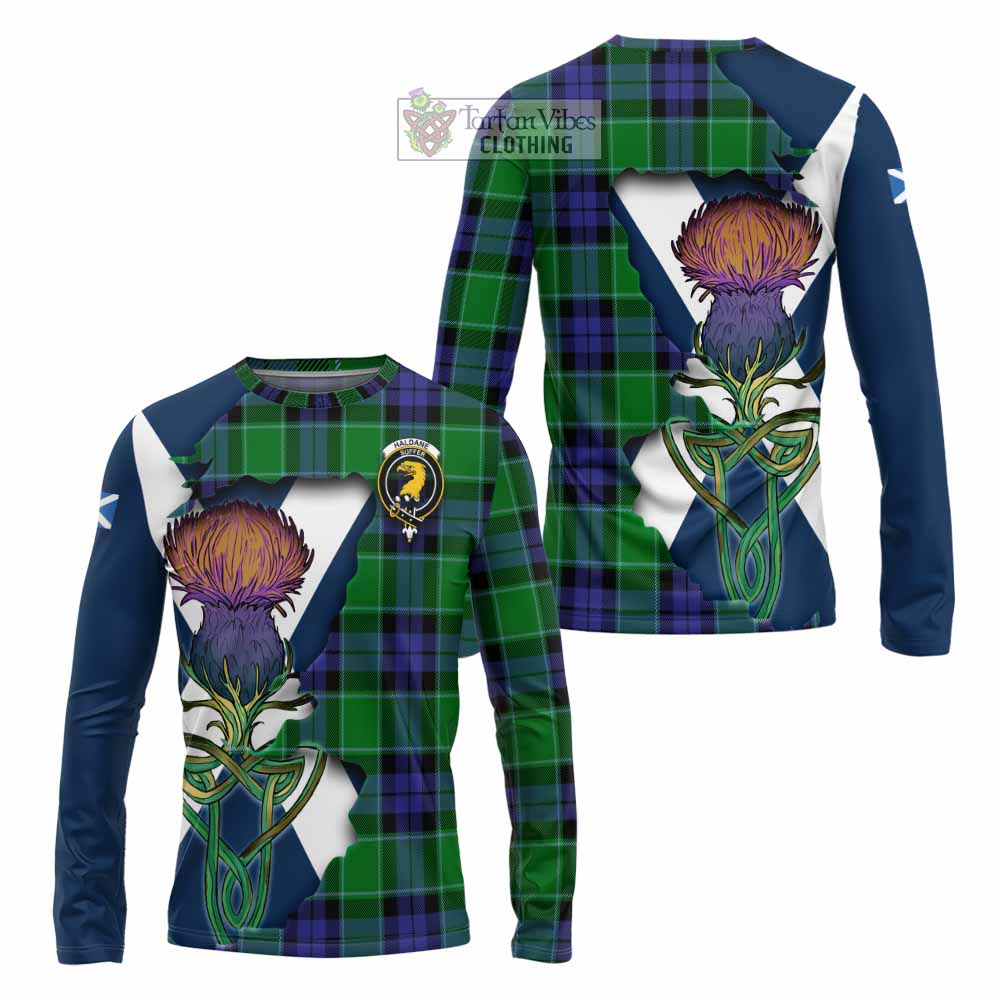Haldane Tartan Family Crest Long Sleeve T-Shirt Scottish Thistle Celtic Inspired - Tartan Vibes Clothing