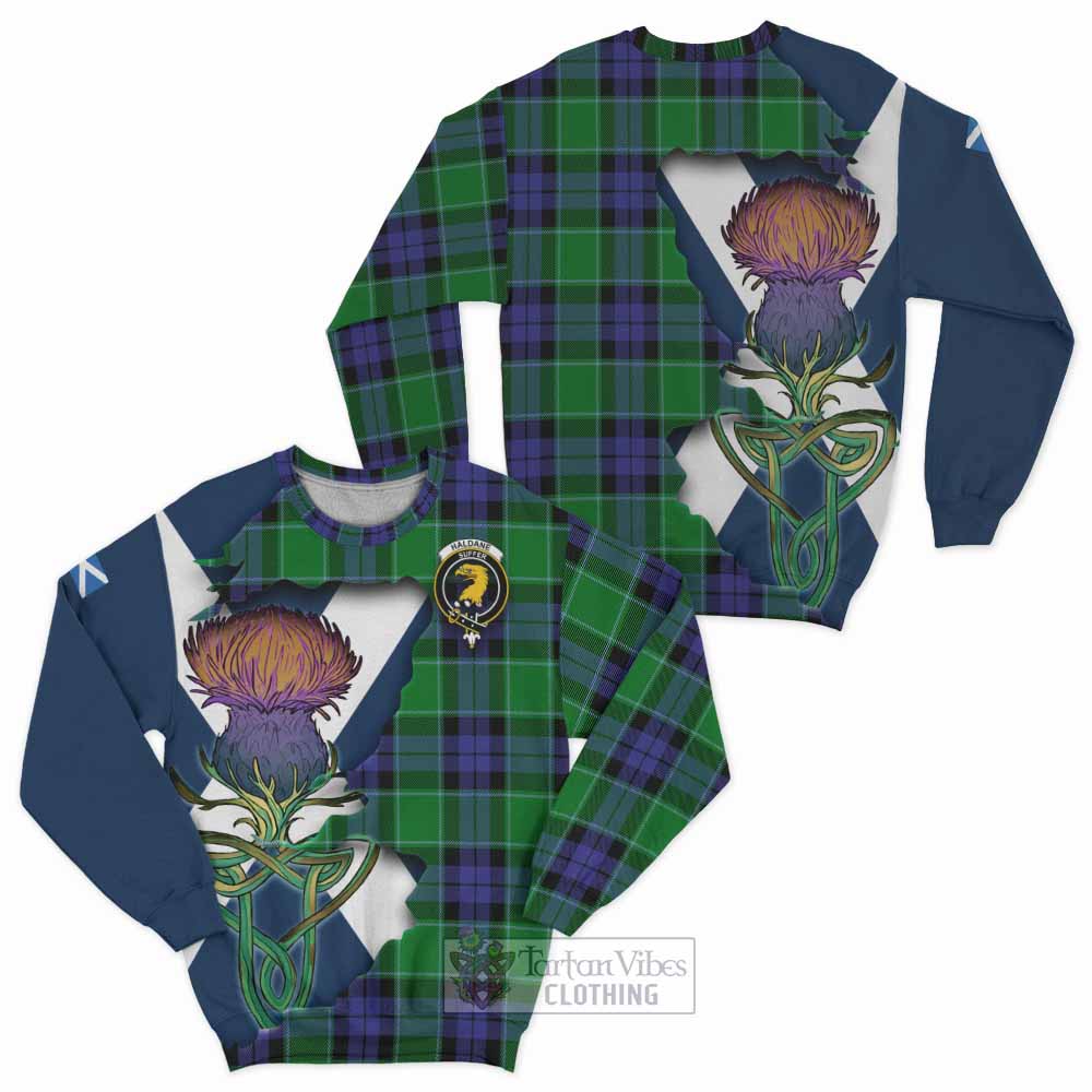 Haldane Tartan Family Crest Sweatshirt Scottish Thistle Celtic Inspired - Tartan Vibes Clothing