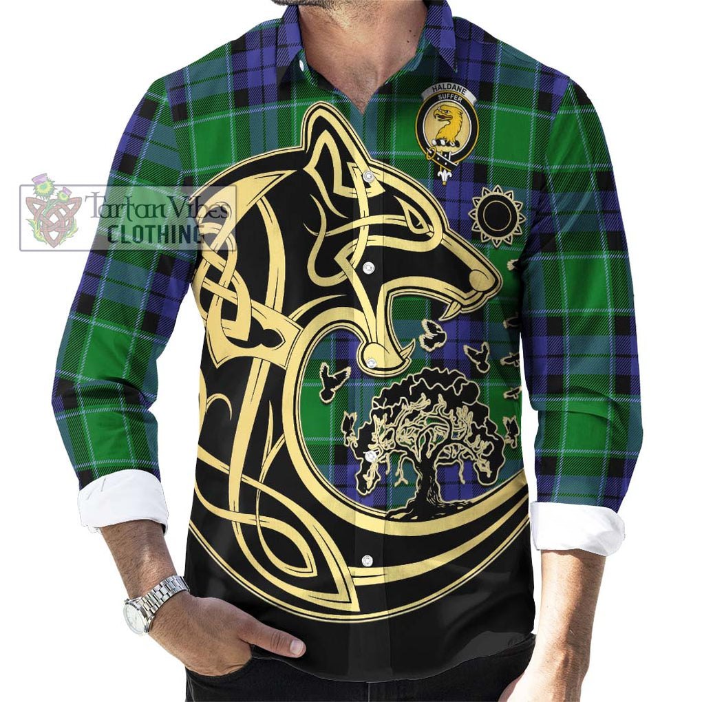 Haldane Tartan Long Sleeve Button Shirt with Family Crest Celtic Wolf Style - Tartan Vibes Clothing
