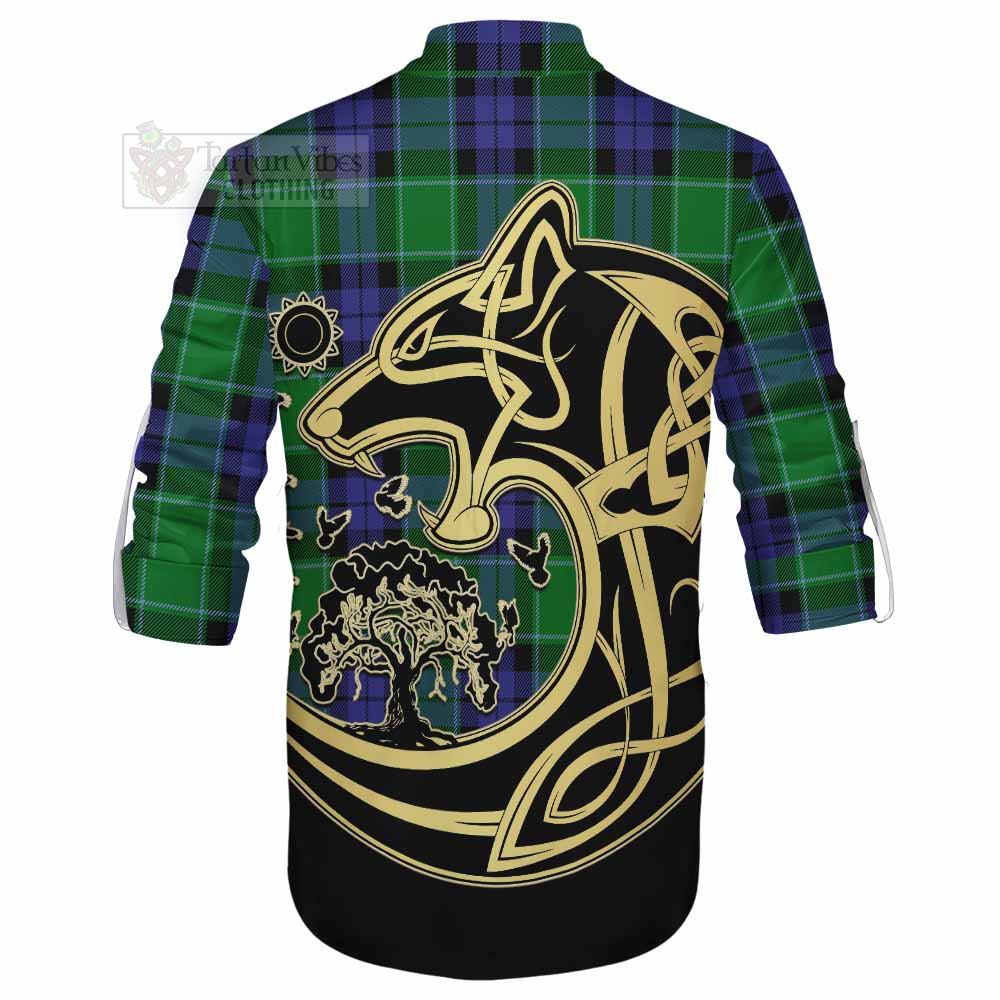 Haldane Tartan Ghillie Kilt Shirt with Family Crest Celtic Wolf Style - Tartan Vibes Clothing