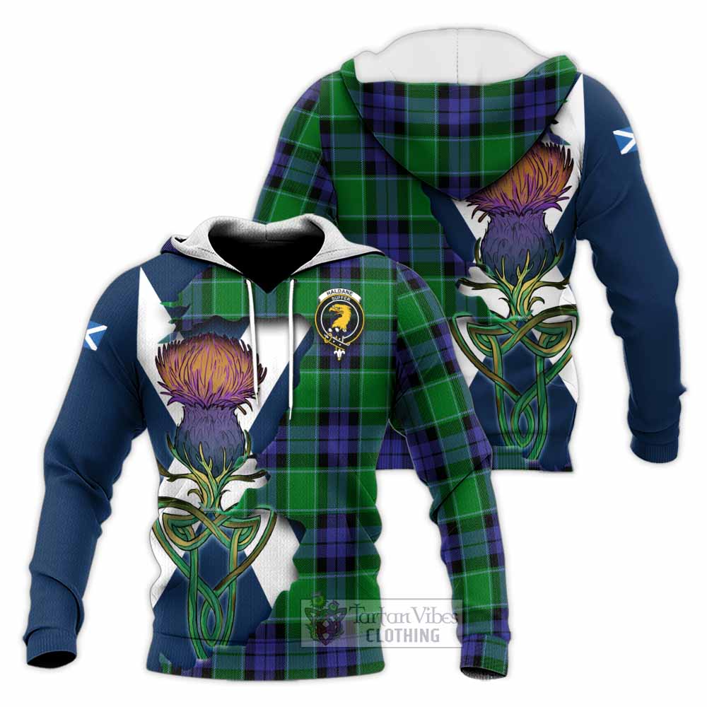Haldane Tartan Family Crest Knitted Hoodie Scottish Thistle Celtic Inspired - Tartan Vibes Clothing