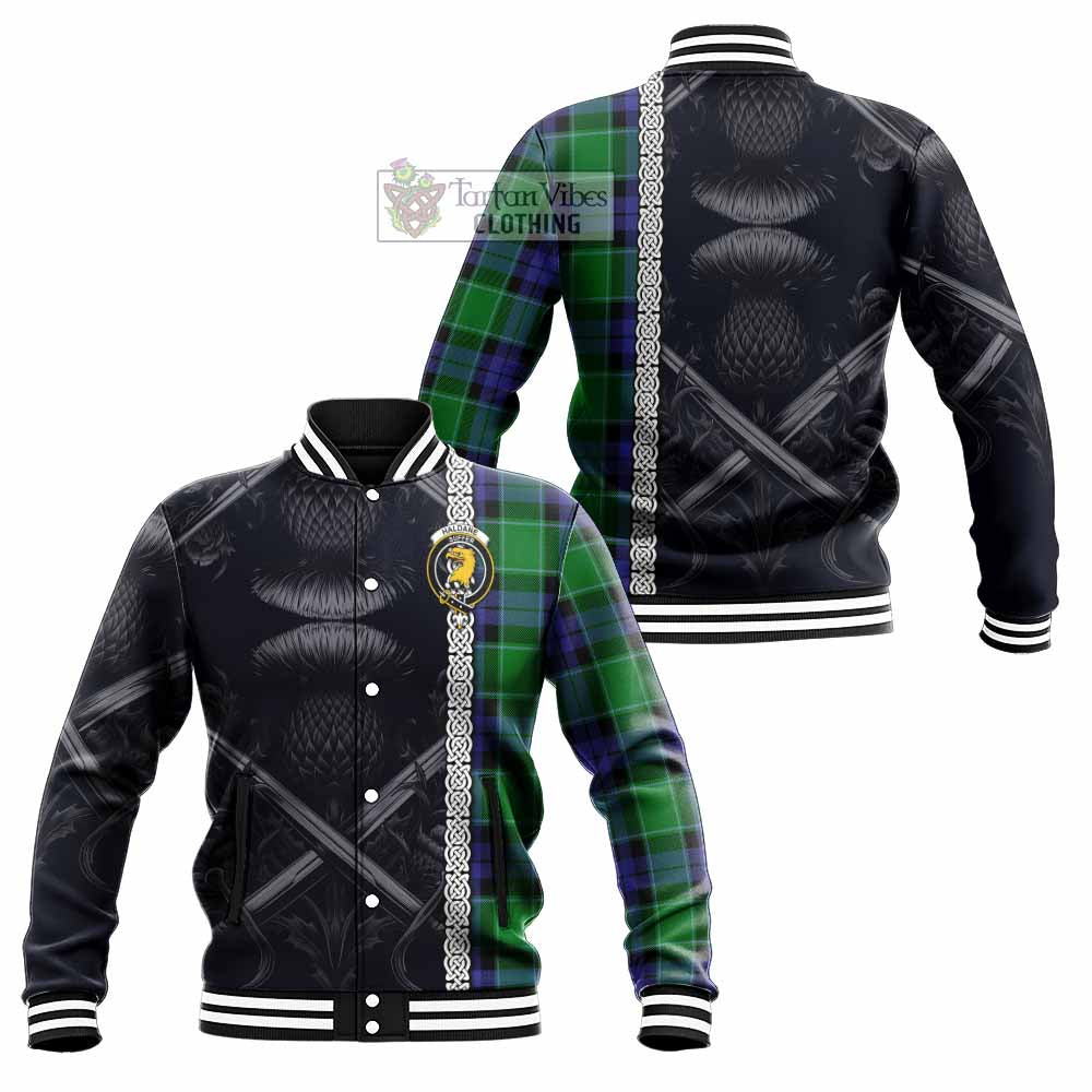 Haldane Tartan Baseball Jacket with Family Crest Cross Sword Thistle Celtic Vibes - Tartan Vibes Clothing