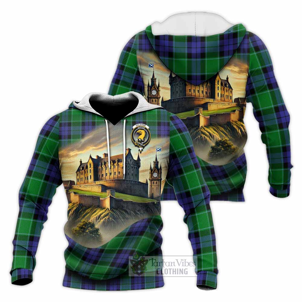 Haldane Tartan Family Crest Knitted Hoodie with Scottish Ancient Castle Style - Tartan Vibes Clothing