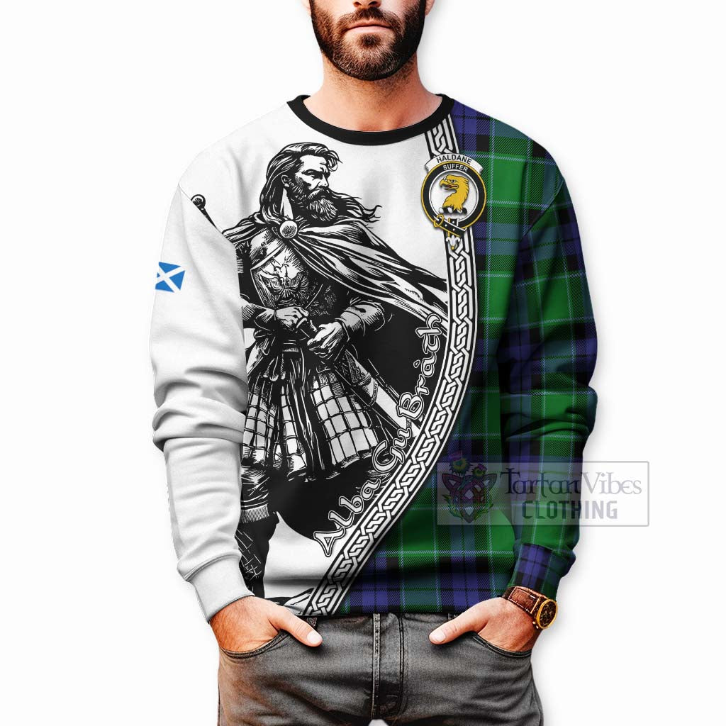 Haldane Tartan Clan Crest Sweatshirt with Highlander Warrior Celtic Style - Tartan Vibes Clothing