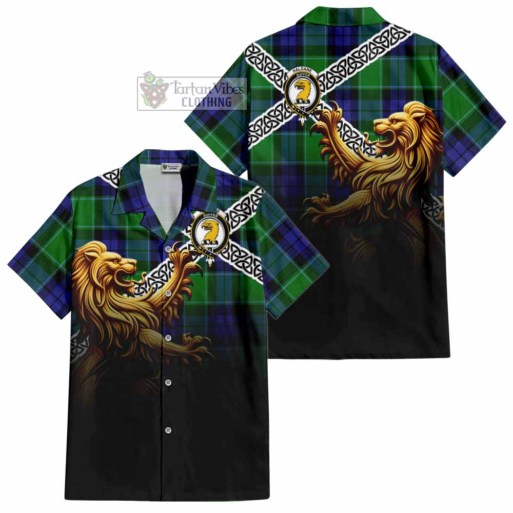 Haldane Crest Tartan Hawaiian Shirt with Golden Lion Emblem Celtic Style - Tartan Vibes Clothing