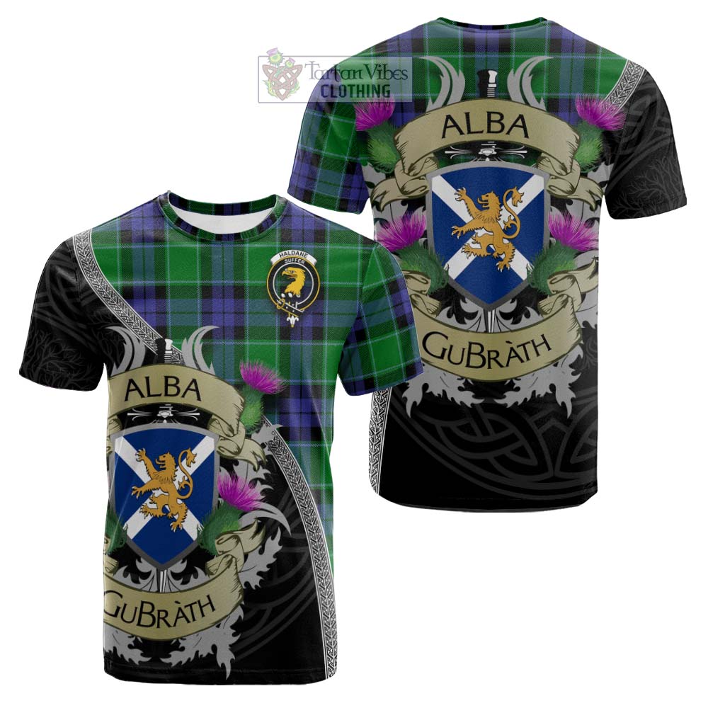 Tartan Vibes Clothing Haldane Tartan Family Crest Cotton T-shirt Lion Rampant Royal Thistle Shield Celtic Inspired