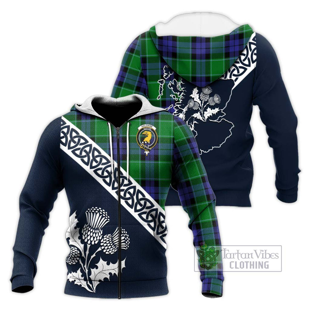 Haldane Tartan Knitted Hoodie Featuring Thistle and Scotland Map Unisex Knitted Zip Hoodie - Tartan Vibes Clothing
