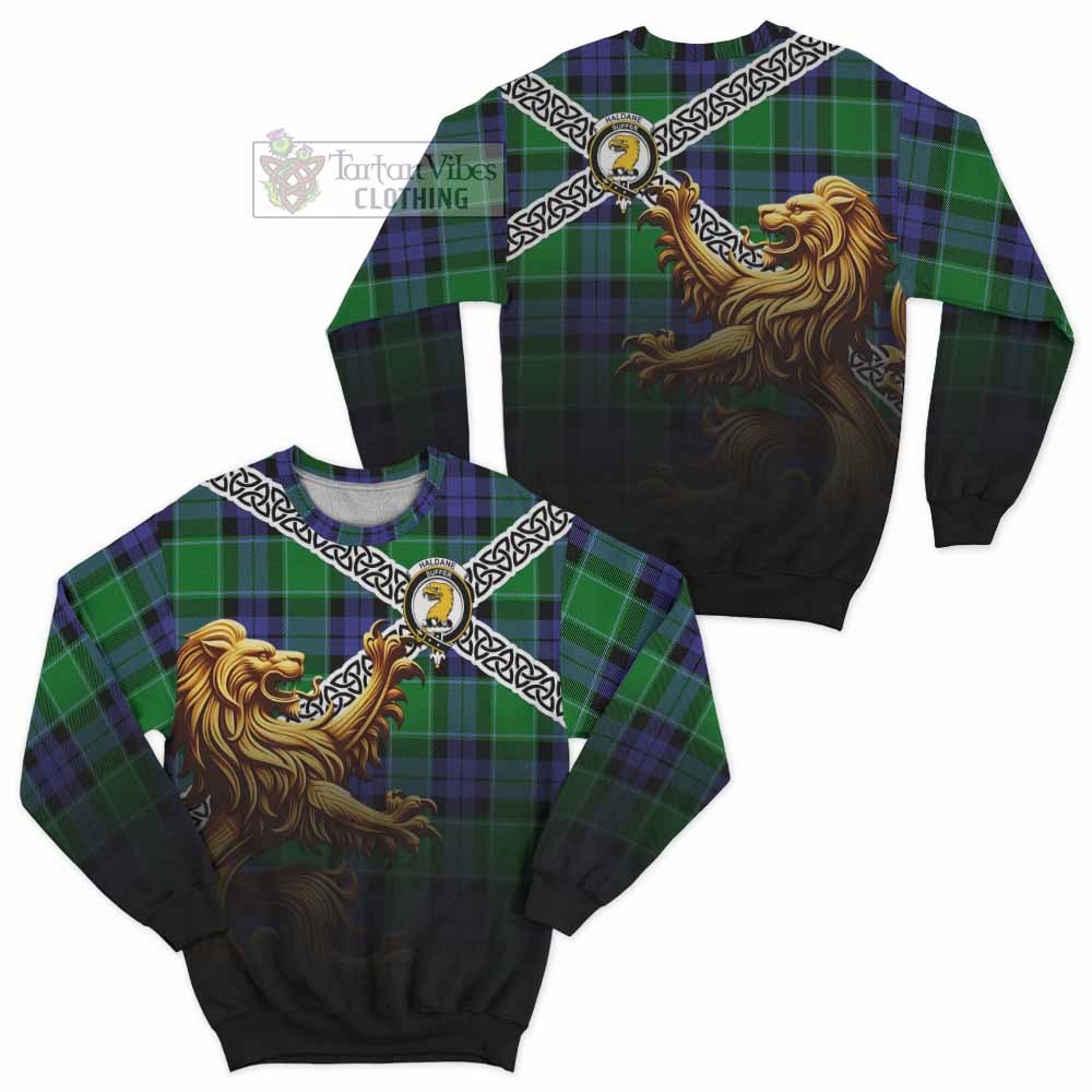 Haldane Crest Tartan Sweatshirt with Golden Lion Emblem Celtic Style - Tartan Vibes Clothing