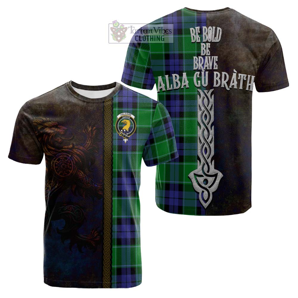 Tartan Vibes Clothing Haldane Tartan Family Crest Cotton T-shirt Alba Gu Brath Be Brave Lion Ancient Style