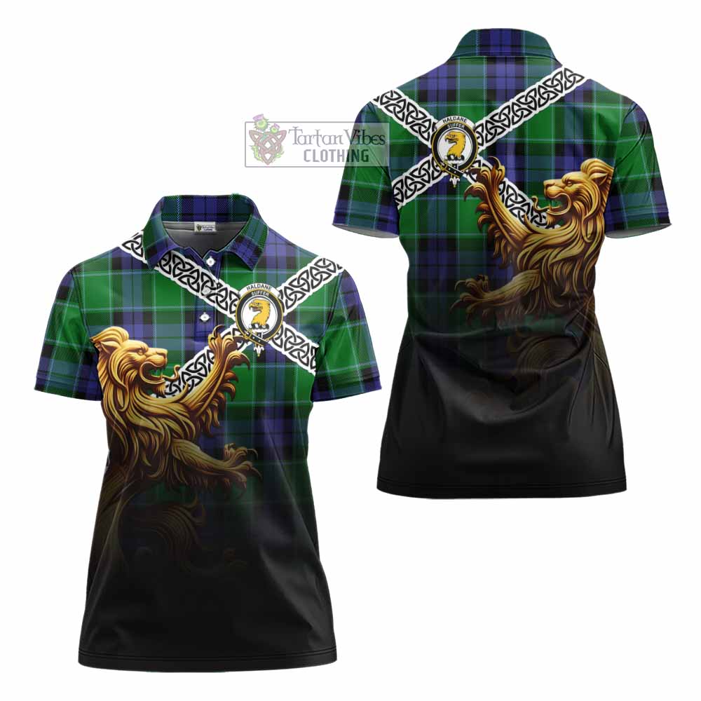 Haldane Crest Tartan Women's Polo Shirt with Golden Lion Emblem Celtic Style - Tartan Vibes Clothing