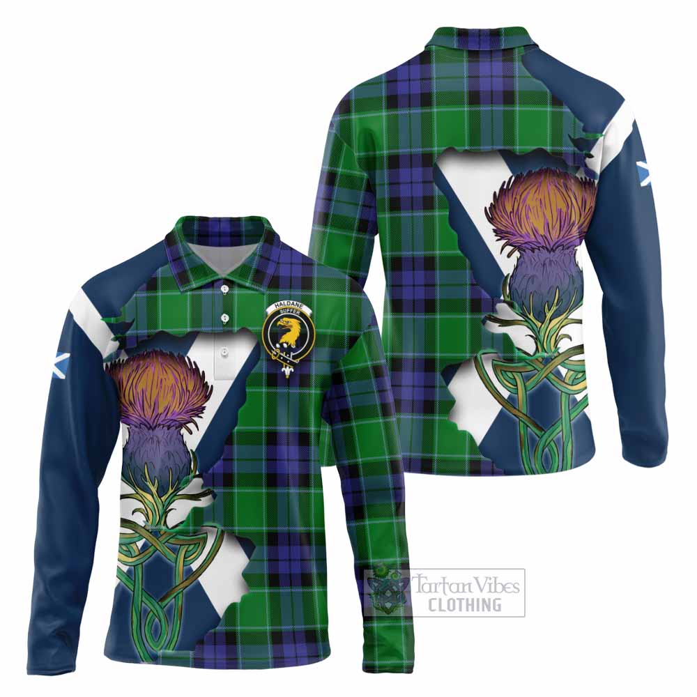 Haldane Tartan Family Crest Long Sleeve Polo Shirt Scottish Thistle Celtic Inspired - Tartan Vibes Clothing