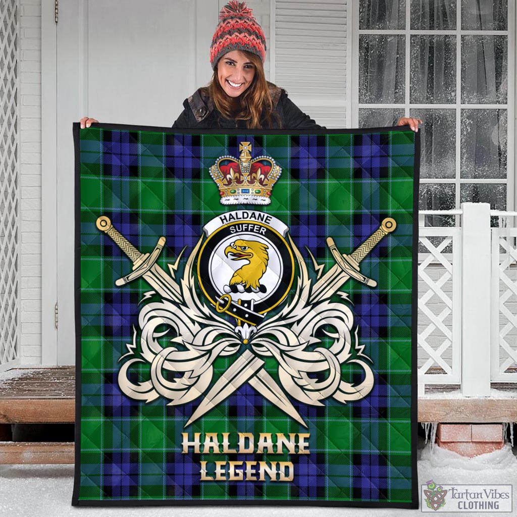 Tartan Vibes Clothing Haldane Tartan Quilt with Clan Crest and the Golden Sword of Courageous Legacy