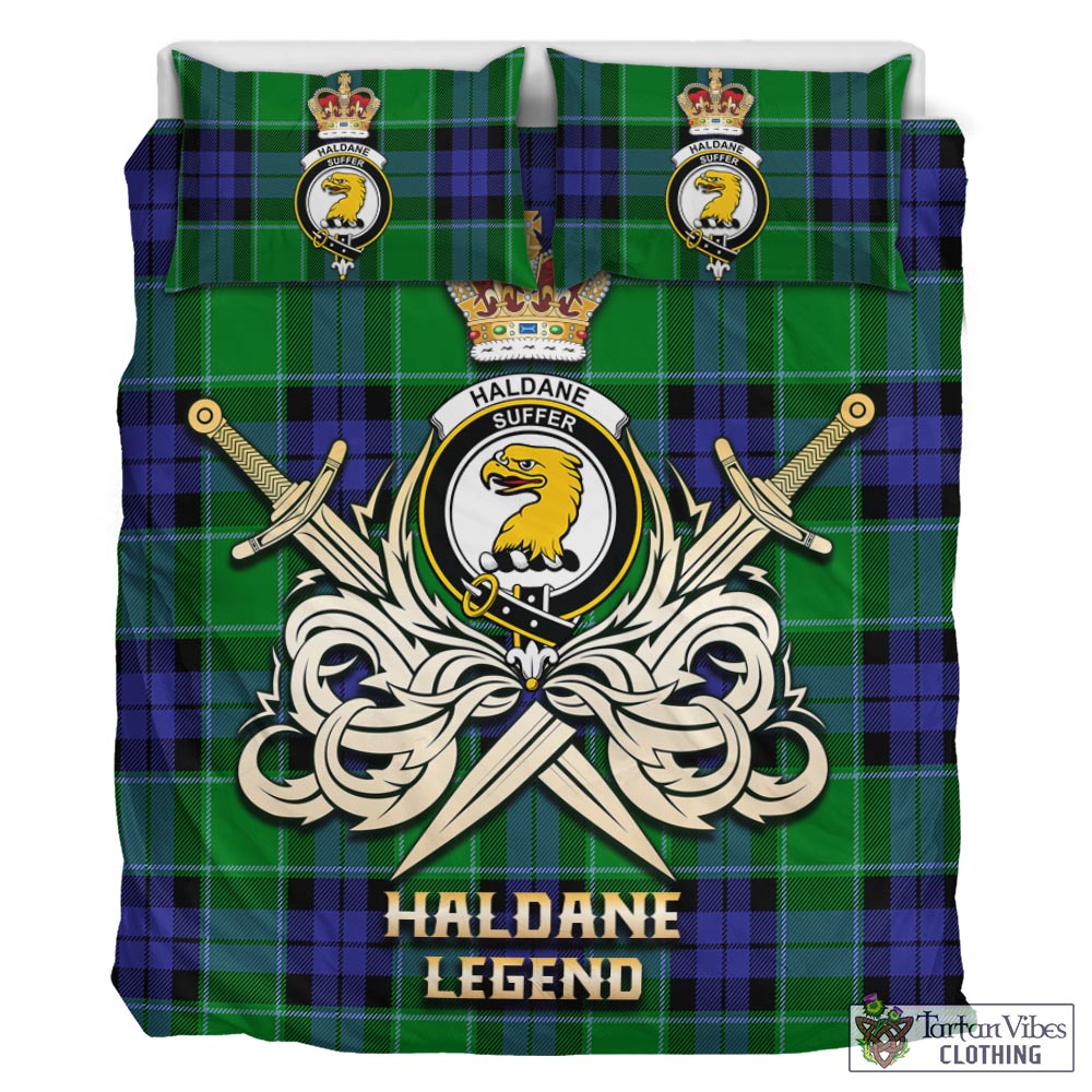 Tartan Vibes Clothing Haldane Tartan Bedding Set with Clan Crest and the Golden Sword of Courageous Legacy