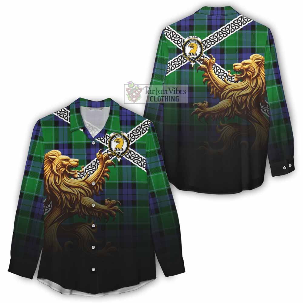 Haldane Crest Tartan Women's Casual Shirt with Golden Lion Emblem Celtic Style - Tartan Vibes Clothing