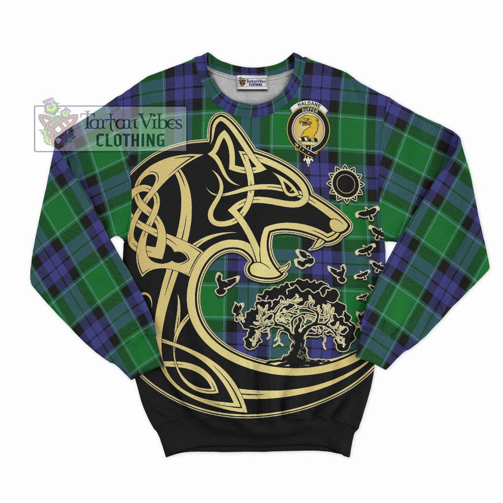 Haldane Tartan Sweatshirt with Family Crest Celtic Wolf Style - Tartan Vibes Clothing