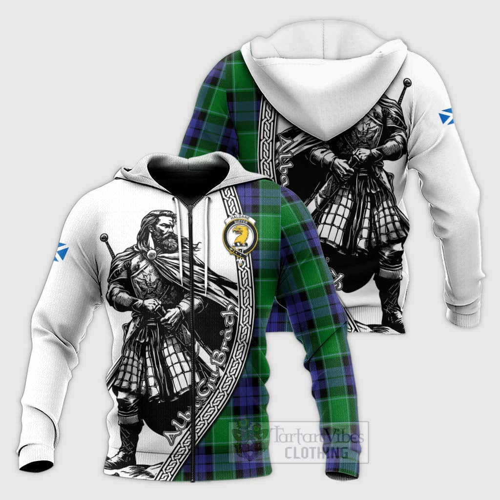 Haldane Tartan Clan Crest Knitted Hoodie with Highlander Warrior Celtic Style Unisex Knitted Zip Hoodie - Tartan Vibes Clothing