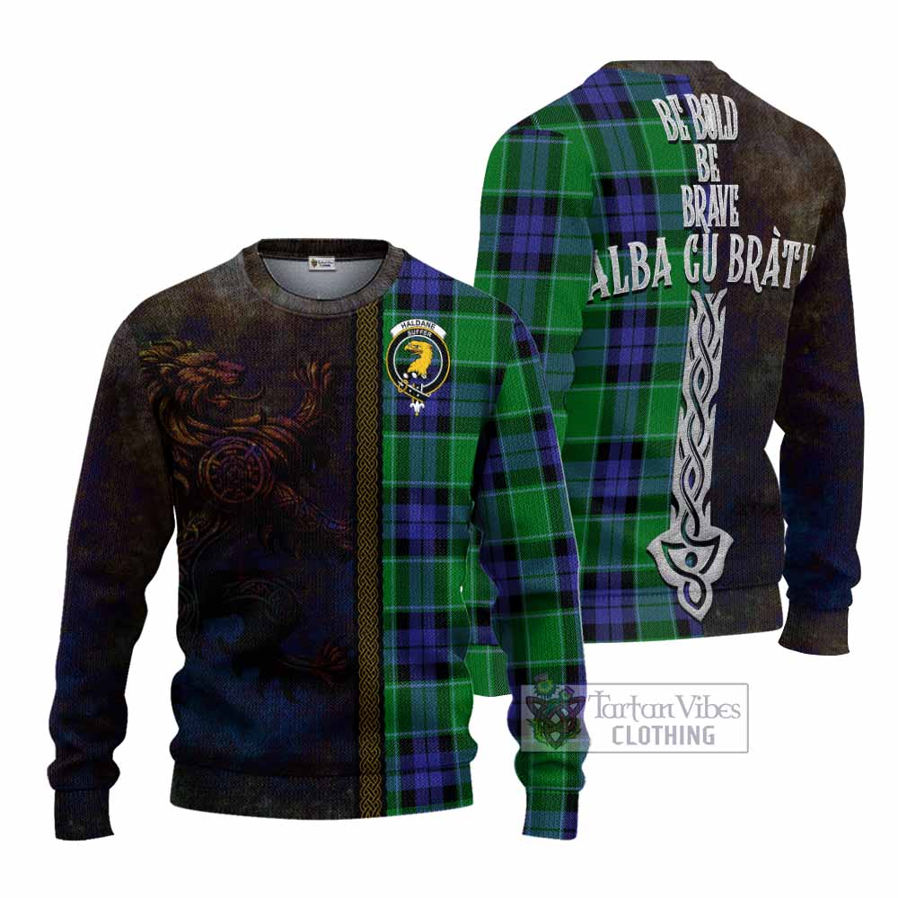 Haldane Tartan Family Crest Knitted Sweater Alba Gu Brath Be Brave Lion Ancient Style - Tartan Vibes Clothing