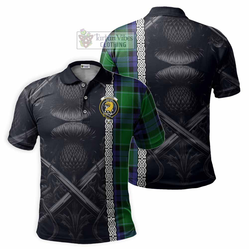 Haldane Tartan Polo Shirt with Family Crest Cross Sword Thistle Celtic Vibes - Tartan Vibes Clothing