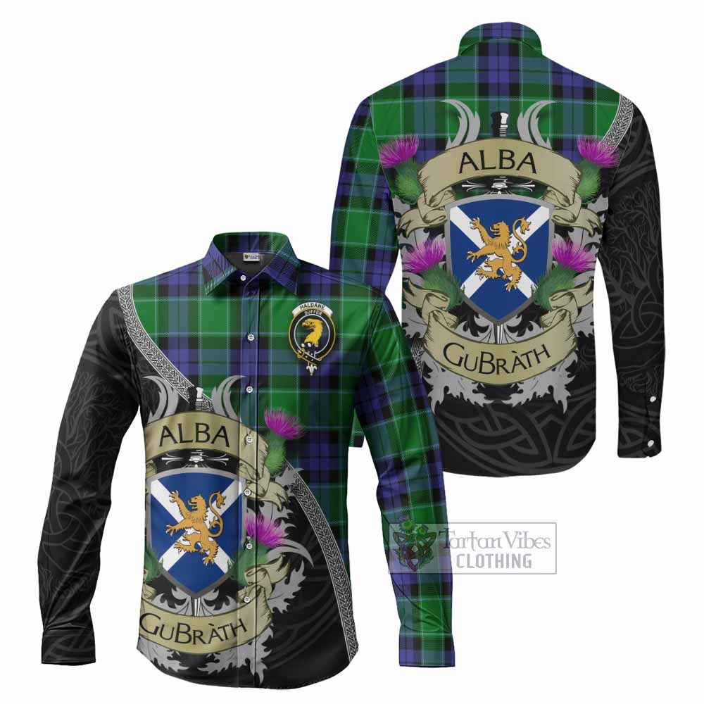 Haldane Tartan Family Crest Long Sleeve Button Shirt Lion Rampant Royal Thistle Shield Celtic Inspired - Tartan Vibes Clothing