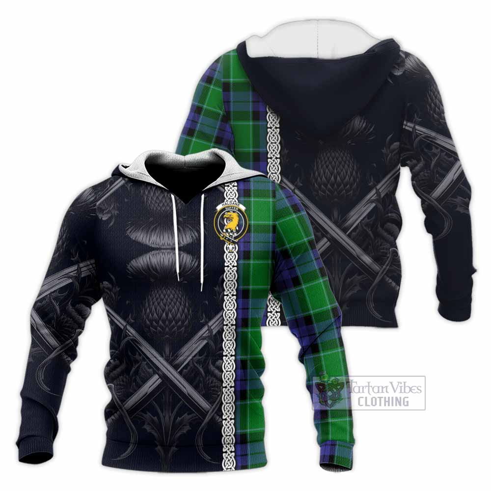 Haldane Tartan Knitted Hoodie with Family Crest Cross Sword Thistle Celtic Vibes - Tartan Vibes Clothing