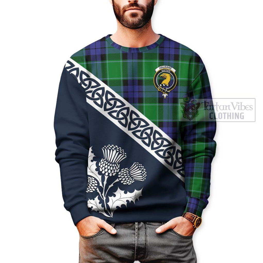 Haldane Tartan Sweatshirt Featuring Thistle and Scotland Map - Tartan Vibes Clothing