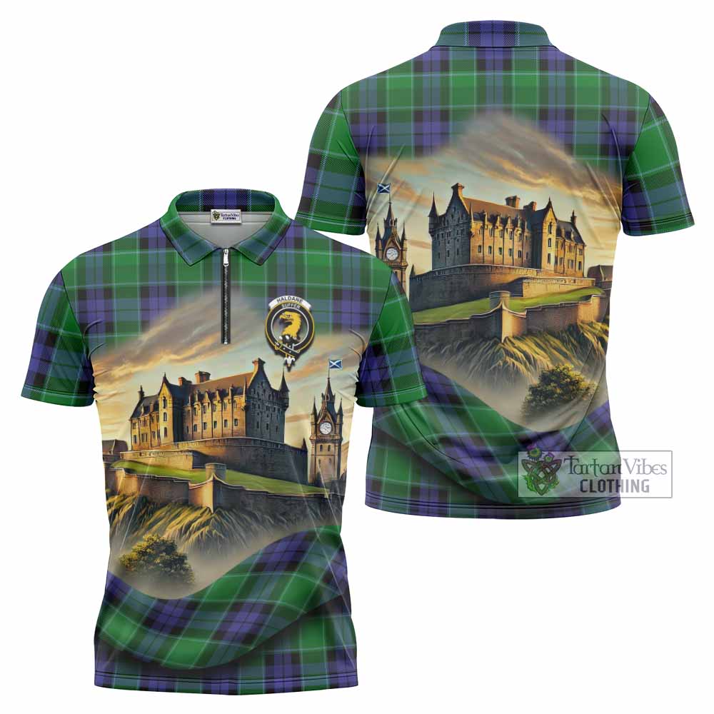 Haldane Tartan Family Crest Zipper Polo Shirt with Scottish Ancient Castle Style - Tartan Vibes Clothing