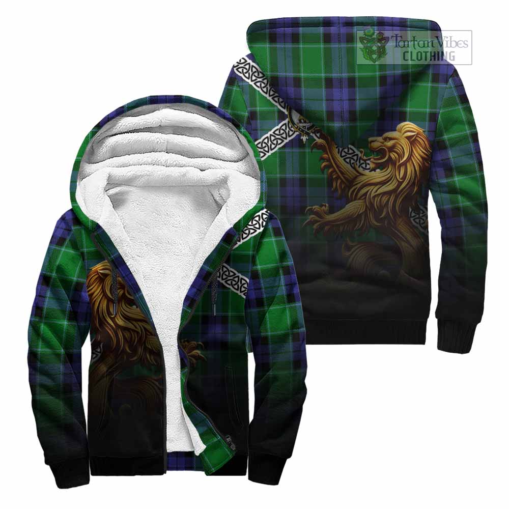 Haldane Crest Tartan Sherpa Hoodie with Golden Lion Emblem Celtic Style Unisex - Tartan Vibes Clothing