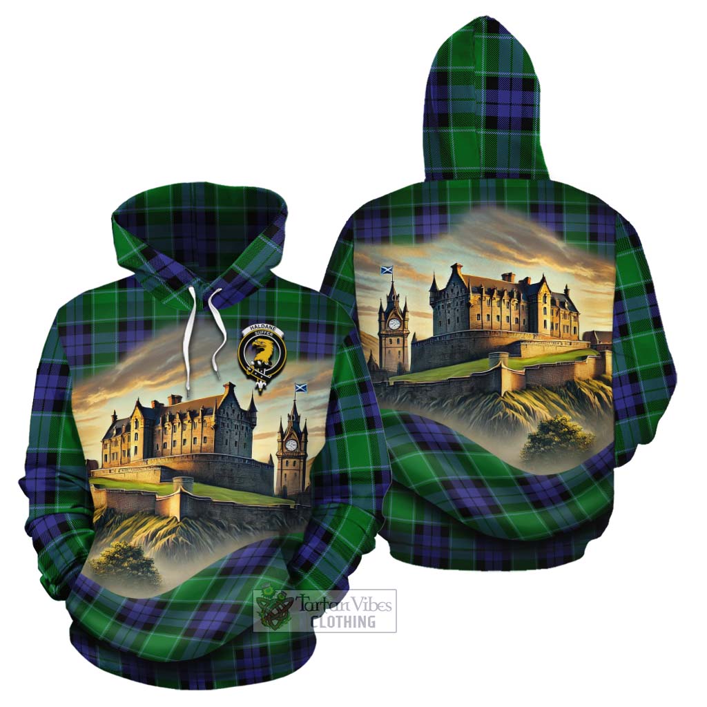 Haldane Tartan Family Crest Cotton Hoodie with Scottish Ancient Castle Style - Tartan Vibes Clothing
