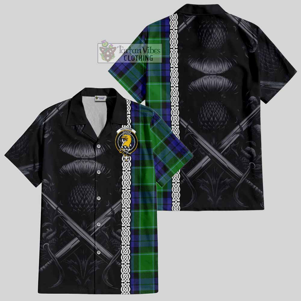 Haldane Tartan Hawaiian Shirt with Family Crest Cross Sword Thistle Celtic Vibes - Tartan Vibes Clothing