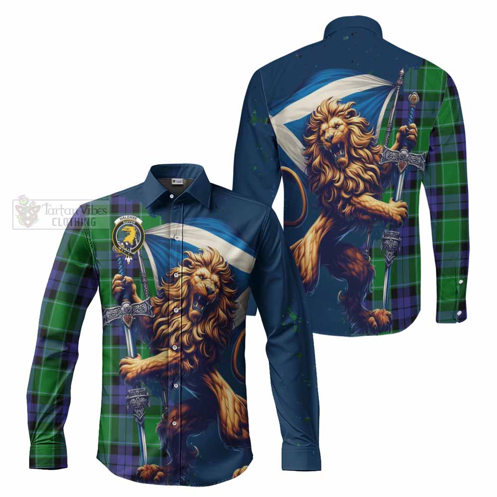 Haldane Tartan Family Crest Long Sleeve Button Shirt with Scottish Majestic Lion - Tartan Vibes Clothing