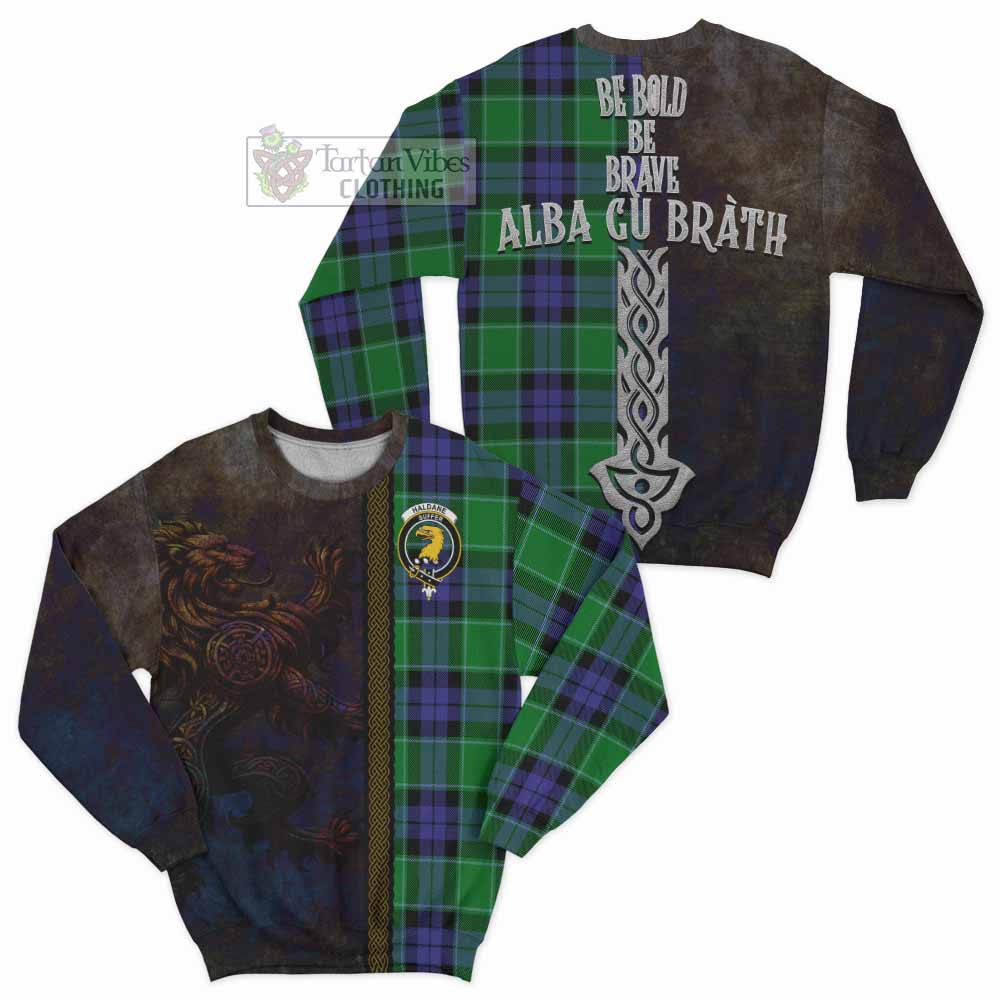 Haldane Tartan Family Crest Sweatshirt Alba Gu Brath Be Brave Lion Ancient Style - Tartan Vibes Clothing