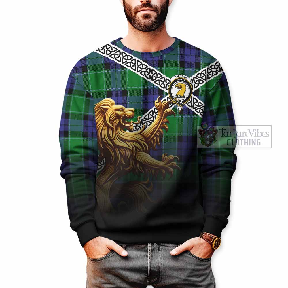Haldane Crest Tartan Sweatshirt with Golden Lion Emblem Celtic Style - Tartan Vibes Clothing