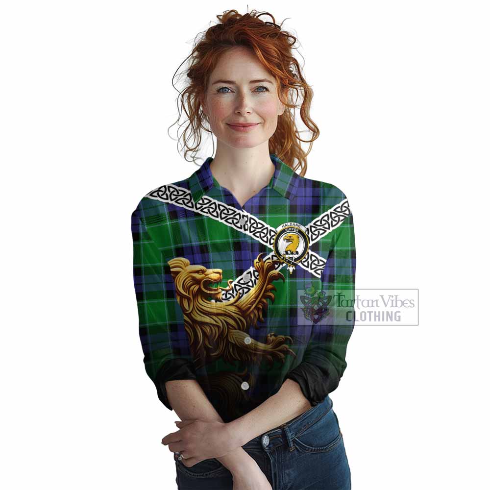 Haldane Crest Tartan Women's Casual Shirt with Golden Lion Emblem Celtic Style - Tartan Vibes Clothing