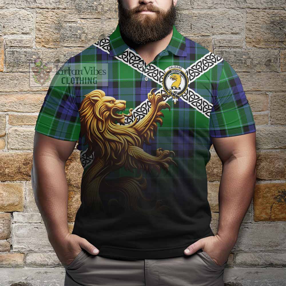 Haldane Crest Tartan Polo Shirt with Golden Lion Emblem Celtic Style - Tartan Vibes Clothing