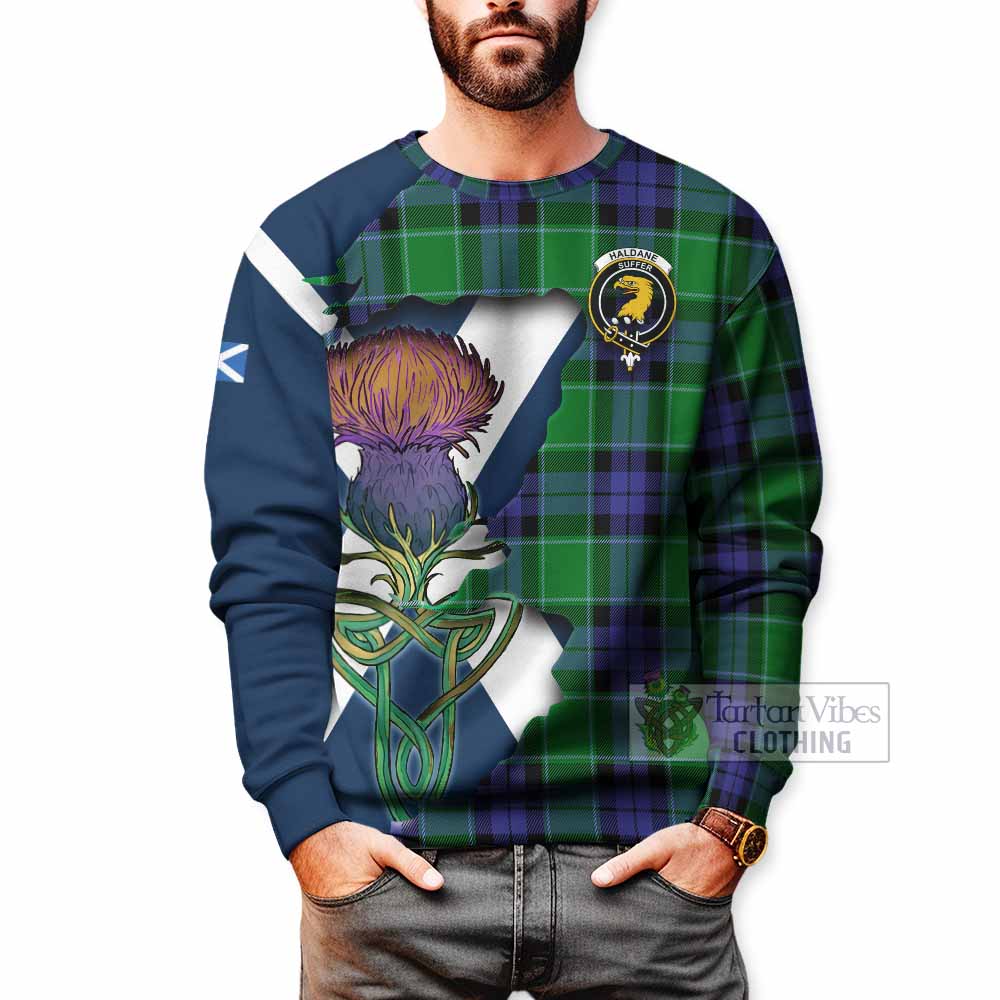 Haldane Tartan Family Crest Sweatshirt Scottish Thistle Celtic Inspired - Tartan Vibes Clothing
