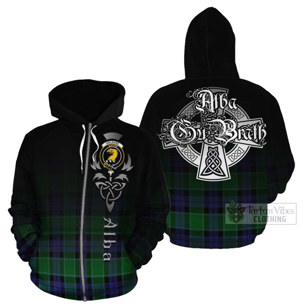Tartan Vibes Clothing Haldane Tartan Cotton Hoodie Featuring Alba Gu Brath Family Crest Celtic Inspired