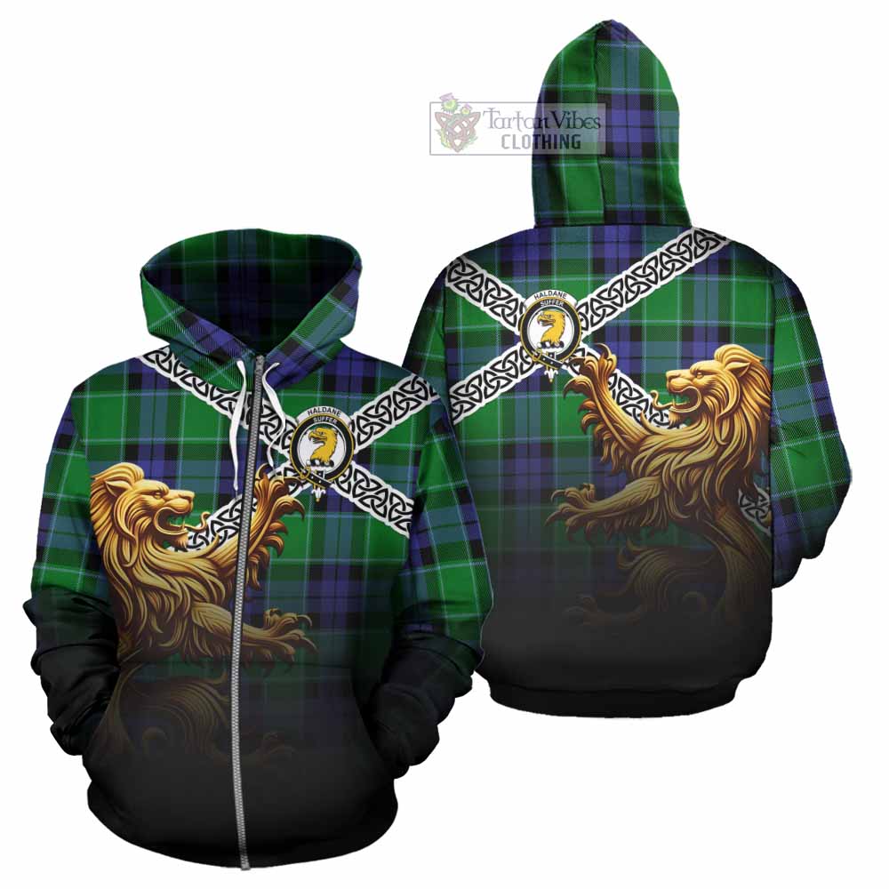 Haldane Crest Tartan Hoodie with Golden Lion Emblem Celtic Style Zip Hoodie - Tartan Vibes Clothing