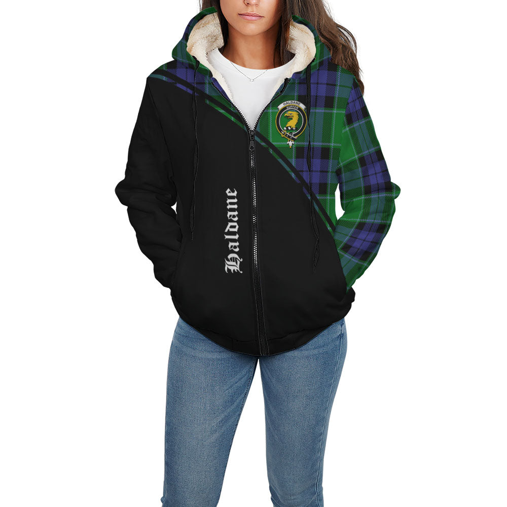 Haldane Tartan Sherpa Hoodie with Family Crest Curve Style - Tartan Vibes Clothing