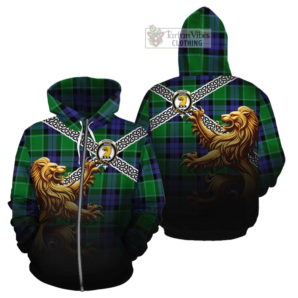 Haldane Crest Tartan Cotton Hoodie with Golden Lion Emblem Celtic Style Zip Hoodie - Tartan Vibes Clothing
