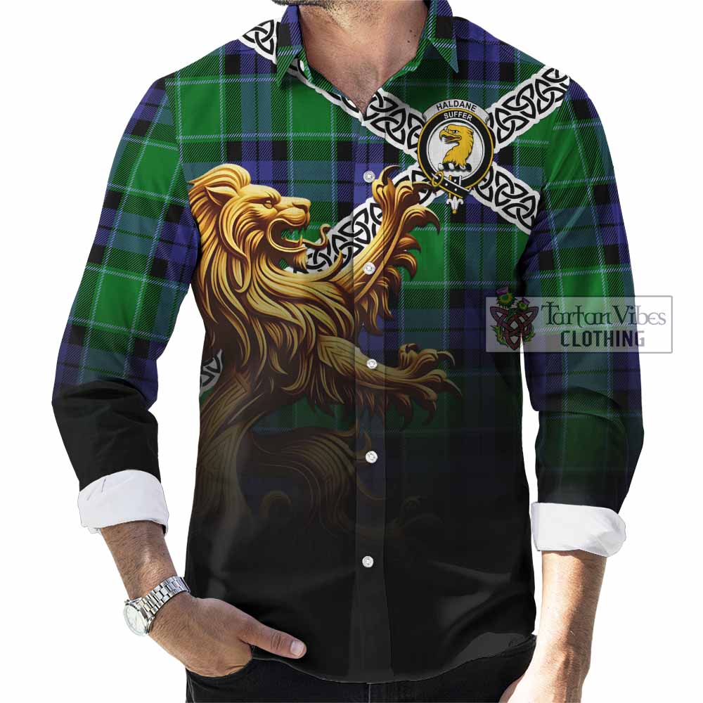 Haldane Crest Tartan Long Sleeve Button Shirt with Golden Lion Emblem Celtic Style - Tartan Vibes Clothing