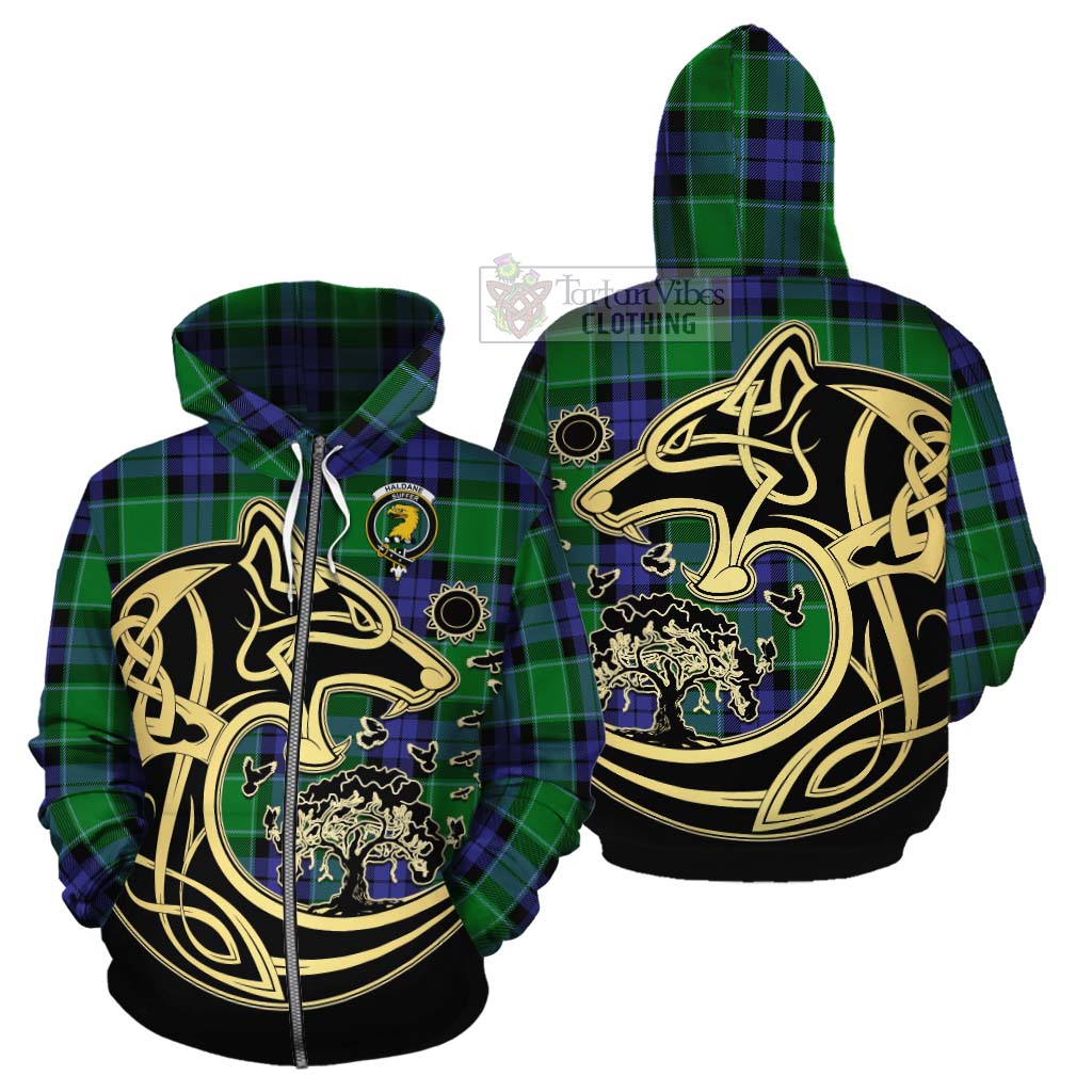 Haldane Tartan Cotton Hoodie with Family Crest Celtic Wolf Style - Tartan Vibes Clothing