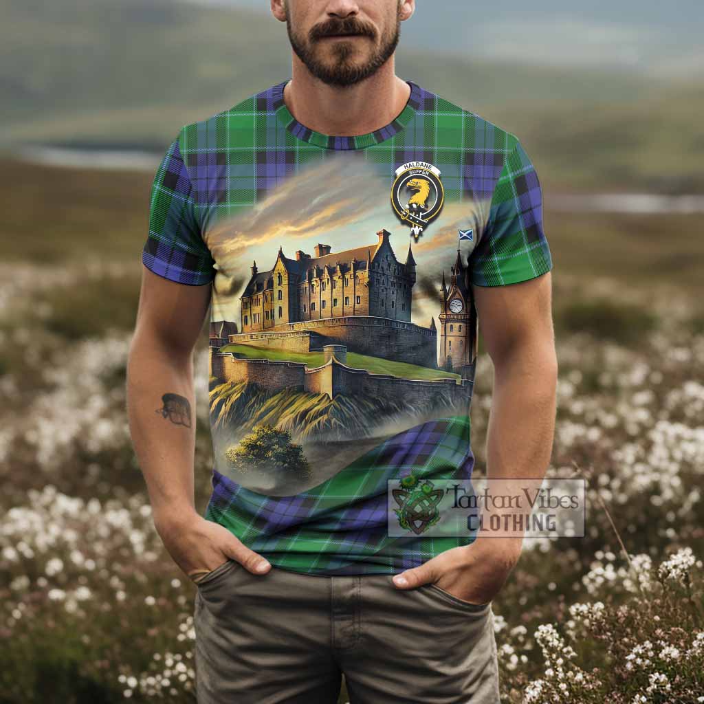 Haldane Tartan Family Crest T-Shirt with Scottish Ancient Castle Style - Tartan Vibes Clothing