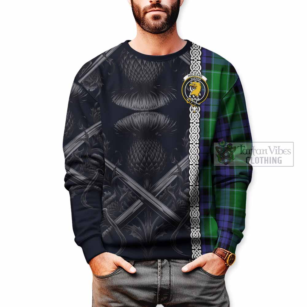 Haldane Tartan Sweatshirt with Family Crest Cross Sword Thistle Celtic Vibes - Tartan Vibes Clothing