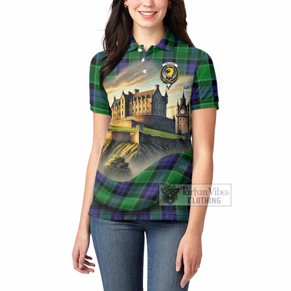 Haldane Tartan Family Crest Women's Polo Shirt with Scottish Ancient Castle Style - Tartan Vibes Clothing