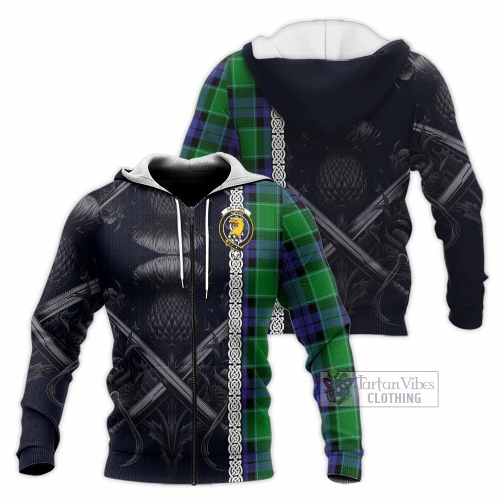 Haldane Tartan Knitted Hoodie with Family Crest Cross Sword Thistle Celtic Vibes Unisex Knitted Zip Hoodie - Tartan Vibes Clothing
